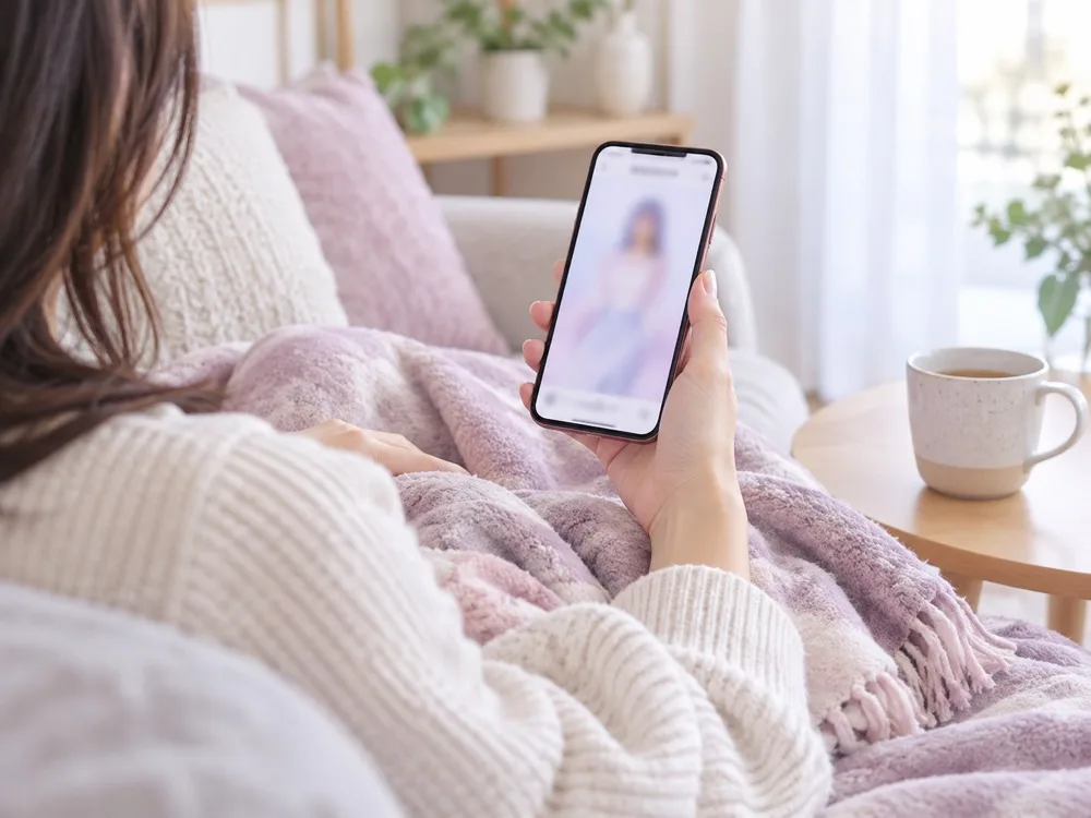 ソファでスマホのリールを見ている手元